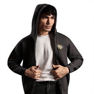 Men Black Zip-Up Hoodie Cotton French Terry Regular Fit Casual Autumn Wear Custom Logo Back 370g Silk Screen Printed Pocket - Product Image 4