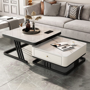 Set di Tavolini da Caffè Moderni di Lusso in Marmo <span class=keywords><strong>e</strong></span> Legno Nero, Design in <span class=keywords><strong>Vetro</strong></span> con Struttura in Metallo Estensibile Multifunzione per Soggiorno - Product Image 3