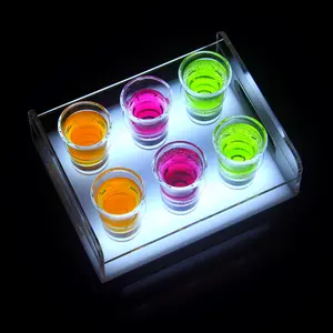 Soporte transparente para Whisky, bandeja de cristal acrílico LED con mango, estuche de exhibición recargable