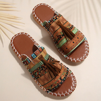 Sandales à franges ethniques bohèmes pour femmes, imprimées colorées, confortables, à bout ouvert, pour l'été, décontractées, plage