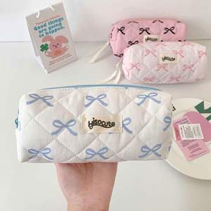 Student Perfect <b>Gift</b> <b>Creative</b> Bowknot Roll Large Capacity White Zipper Makeup Organizer Storage Pink Pen Bag Case - Product Image 4