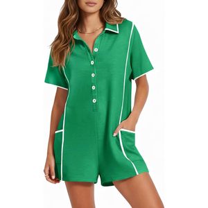 Womens Casual Rompers Summer Short Sleeve Polo V Neck Button Down Loose Fit With Pockets Breathable Oxford Fabric - Product Image 1