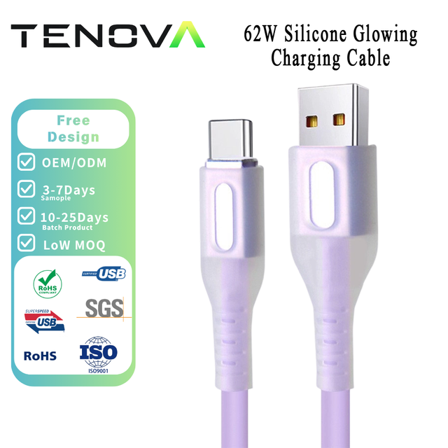 TENOVA Type-C Glowing LED Liquid Silicone USB-C 3A Fast Charging Rainbow Ambient Light Cable 240W PD 3.1 E-Marker RGB Gradient