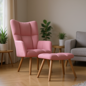 <b>Pink</b> Living Room Chair with <b>Stool</b> Midcentury Modern Fabric Wood Legs Tufted Back Leisure Chair - Product Image 2