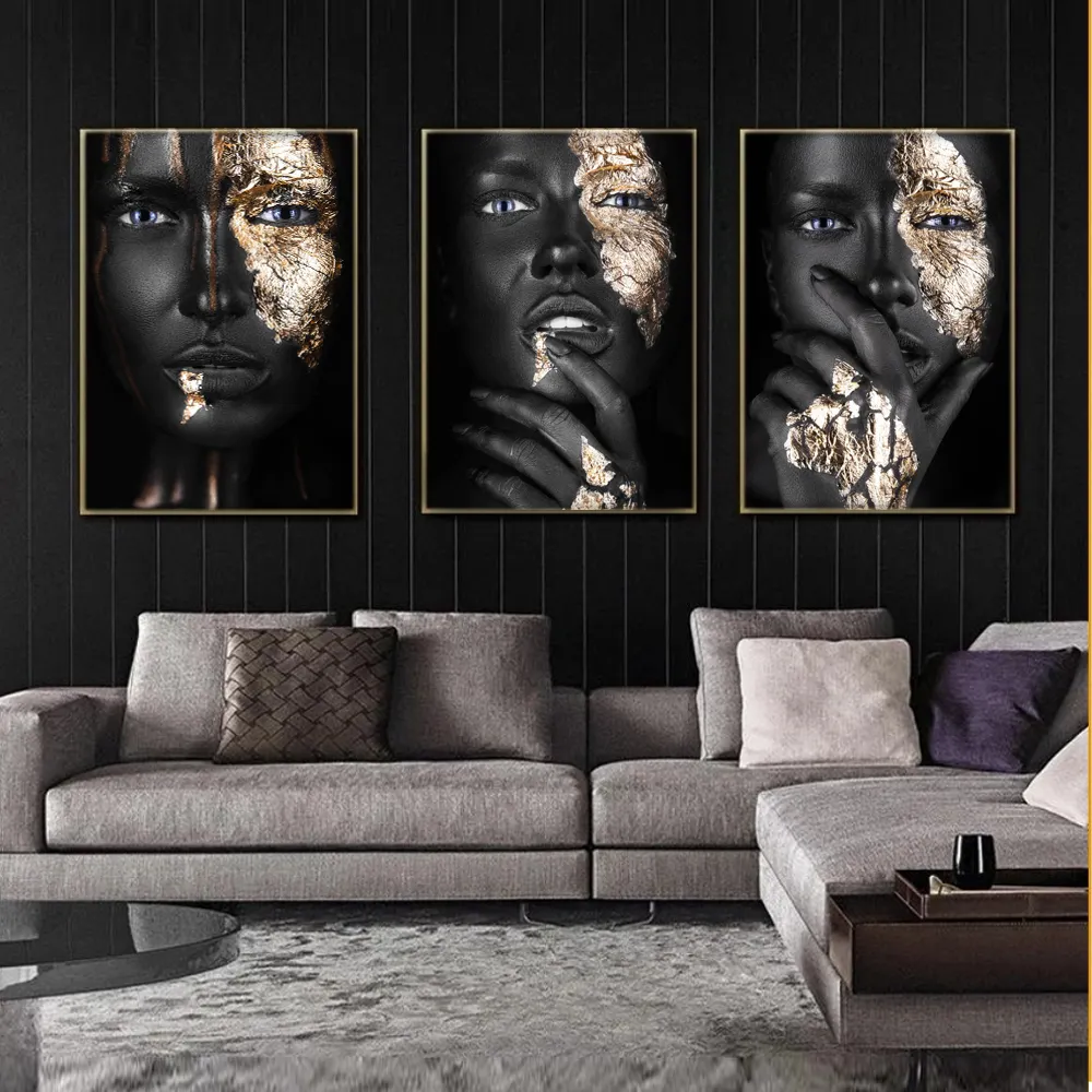 الفن الأفريقي الأسود و الذهب امرأة الرسم على قماش الملصقات و يطبع الاسكندنافية جدار صورة فنية لغرفة المعيشة مخصص
