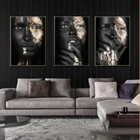 אמנות אפריקאית שחור וזהב אישה ציור על בד והדפסי סקנדינבי קיר אמנות תמונה לסלון מותאם אישית