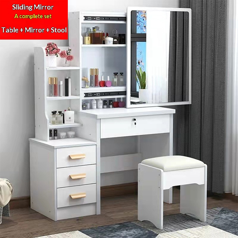 tabouret à miroir coulissant blanc chaud avec armoire gauche