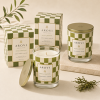 Bougie en verre parfumée au matcha Arovi-Trendy Green Checkered Soy Candle 200g avec couvercle en métal et boîte cadeau personnalisée