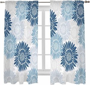 Rideaux <span class=keywords><strong>Bleu</strong></span> Gris Tournesols pour Chambre à Coucher, Rideaux de Fenêtre Bohème Vintage à Motifs Floraux Rustiques, Voiles de Cuisine à Fleurs, 2 Panneaux - Product Image 1
