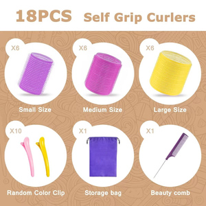 Venta Directa de Fábrica: Set de 18 Rodillos de Plástico sin Calor para el Cabello, 3 Tamaños, Rodillos de Nylon Autoadherentes con Peine y Pasadores - Product Image 4