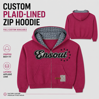 Sweat-shirt à capuche oversize décontracté pour homme, style streetwear, coupe courte et carrée, doublure à carreaux personnalisée, 480 g/m², avec lettres appliquées et fermeture éclair