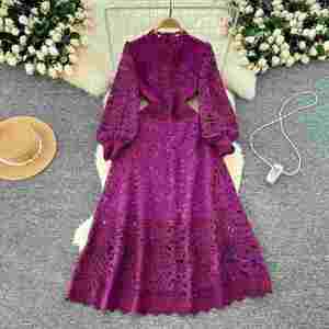 Vestido Maxi Casual de Mujer con Manga Linterna, Corte A, Transpirable y Ecológico, Tejido, con Encaje Hueco, Morado, Colección Otoño 2024 - Product Image 1