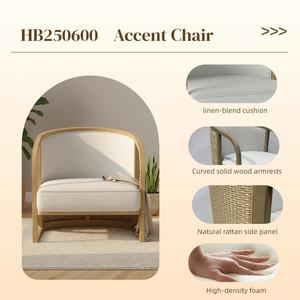 Fauteuil d'appoint moderne de luxe pour salon, en bois, avec coque extérieure en rotin et coussin en lin, idéal pour chambre, appartement, hôtel - Product Image 1
