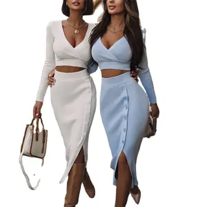 Fashion Winter Women s Sets Sexy 2023 New Knitted Sweater Product Long Sleeve Crop Tops Midi Skirt Two Piece Set Skirt and Top