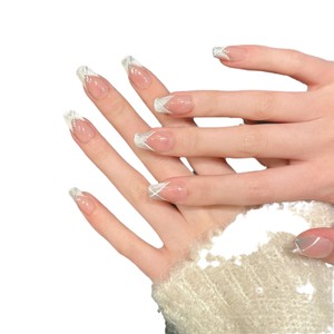 Xuannail First Love New Cat's Eye French Blanchiment Press-On False Nail Art 24pcs Poudre Cercueil Pur Porté À La Main Artificiel - Product Image 5