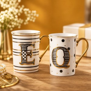 26 - Letter <strong>Monogram</strong> Ceramic <strong>Mugs</strong> Porcelain Drinkware with Gold - Accented Alphabet Prints Elegant Personalized Gifts - Product Image 3