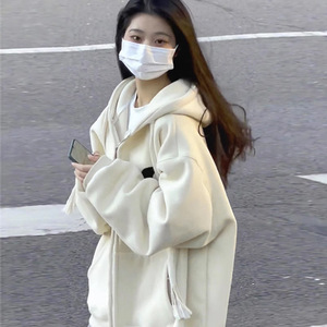 Women's Hooded Sweatshirt Apricot Thin Loose Fit Korean Style <b>Thick</b> <b>Cardigan</b> Early Autumn Coat - Product Image 1