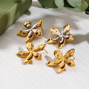 Flower <b>Stud</b> <b>Earrings</b> 18K Gold Plated Stainless Steel Hammered Design Everyday Wear Jewelry - Product Image 4