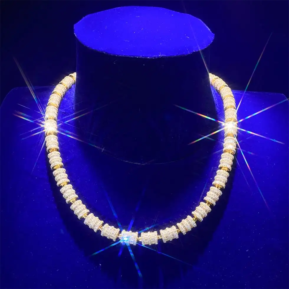 Kalung rol koneksi bunga silinder rantai Tautan tenis Moissanite Bic Zirconia berlian berlapis emas es keluar