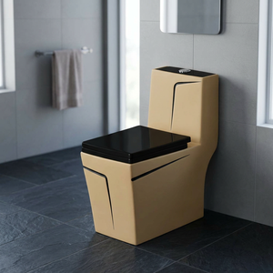 Cuvette de toilettes WC monobloc carrée en céramique, design moderne vert et or, à chasse d'eau par gravité, pour salle de bain, sanitaires - Product Image 3
