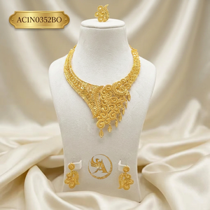 Nigerian Inspired Brass Gold Plated Charm <b>Necklace</b> Set with Earrings & <b>Ring</b> for Wedding Fashion - Product Image 1