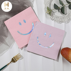 Hanlin Paper Napkins 33cm Square Pink Purple Smiley Face Gold Foil Themed Party Use - Product Image 1