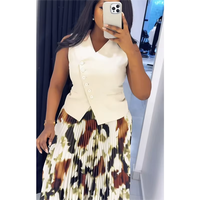 Conjunto de 2 Piezas para Mujer, Top Corto sin Mangas con Cuello en V y Botones, Falda Larga Plisada Estampada, Estilo Vintage, Tela Satén