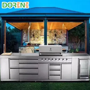2021 Dorene Complete Mini Portable Outside Stainless Steel Outdoor BBQ Kitchen Cabinets Island With Fridge Sink Grill Under Roof
