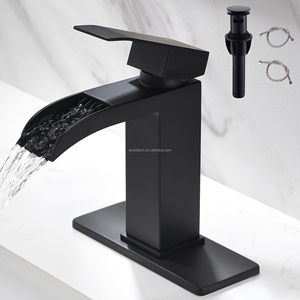 Robinet de lavabo cascade moderne noir mat en laiton, monocommande avec cartouche céramique et siphon de vidange, <span class=keywords><strong>kit</strong></span> complet - Product Image 1