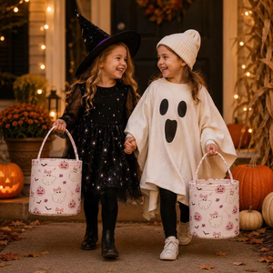 Panier en tissu Halloween avec poignée, motif fantôme, <span class=keywords><strong>araignée</strong></span>, chauve-souris rose, pour bonbons, cadeaux effrayants, ou pour la distribution de friandises, 2026 - Product Image 6