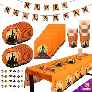 Halloween Tableware Set for 24 Guest Halloween Paper Plates Cup Napkins Cutlery and Tablecloth Halloween Party Dinnerware Set