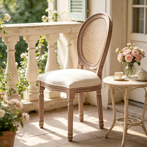 Silla de Comedor Moderna MR-DC709 de Madera Maciza con Respaldo de Ratán, Asiento Tapizado en Tela Suave, Patas Torneadas Estables, Certificación BSCI - Product Image 1