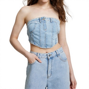 Ensemble deux pièces décontracté pour femmes, vente en gros, qualité supérieure, jean en coton, haut sans bretelles, streetwear pour adolescentes - Product Image 1