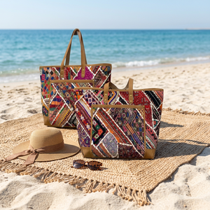 Sac fourre-tout bohème en toile avec broderie géométrique, deux poignées, fermeture éclair, multicolore, sac à bandoulière pour femme, doublure en coton - Product Image 2