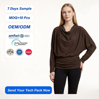 Chemisier en maille tissé sur mesure à taille froncée pour femme, col rond, manches ballon, coupe ample et oversize, décontracté, printemps-été, fournisseur OEM ODM d'usine
