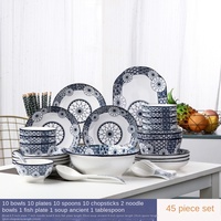 Service de vaisselle en porcelaine bleue et blanche de Jingdezhen pour 10 personnes avec bols à riz et à soupe, design chinois simple, compatible micro-ondes