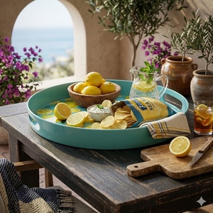 Plateau de service <span class=keywords><strong>en</strong></span> mélamine à motif citron, plateau rond de 15 pouces avec poignées - Product Image 1