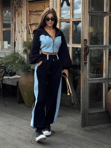 Bán Buôn Giá Logo Riêng Tùy Chỉnh Dài Tay 2Pcs Thời Trang Top + Quần Dài Chắp Vá Vải Denim Dây Kéo Phụ Nữ Quần Áo Set - Product Image 2