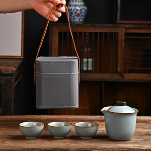 Ru Kiln Travel Tea <b>Set</b> Ceramic <b>Teapot</b> With 3 Cups Portable Storage Bag Outdoor Gift - Product Image 4