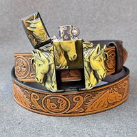 Ceinture de style cowboy vintage sculptée, avec boucle lisse en alliage et clip pour briquet, imprimée par transfert thermique à motif cheval western animalier, nouveau style