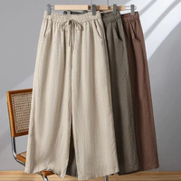 Pantalon large en coton et lin pour femme, style japonais, taille haute, grande taille, avec cordon de serrage, coupe droite, décontracté