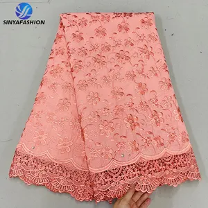 Sinya Beautiful Peach White Gold Pink Blue Red Embroidery Polish Dry Swiss Voile Lace Fabric In Switzerland 100% Cotton