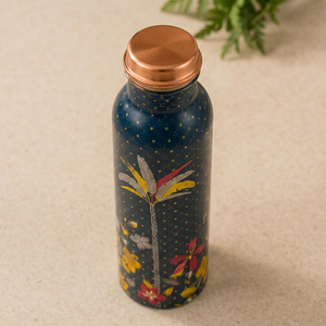Bouteille d'eau en cuivre pur peinte à motif palmier tropical pour les bienfaits ayurvédiques, fabriquée à la main, étanche, gourde de sport traditionnelle - Product Image 1