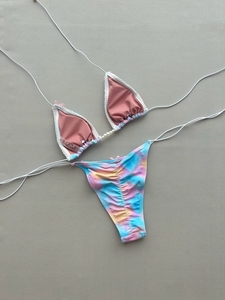 セクシーブルーピンクのグラデーションレースプリントマイクロビキニ2026女性弓ストラップパールプッシュブラ包帯ひも2ピースセットウエスト水着 - Product Image 4