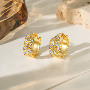 <b>Hoop</b> Earrings Gold Plated Zircon Leaf Design Round Shape Everyday Wear Party Jewelry EKA-038 - Product Image 3
