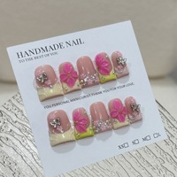 Ongles à presser pré-dessinés, style bec de canard, faits main, avec sculptures 3D, style français, blocs de couleurs rose-vert et accents diamantés – Meilleures ventes