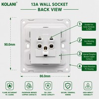 Enchufe de Pared Kolani Estándar Británico de Una Vía 13A 250V, 90x86mm Blanco Brillante PC Puro Enchufe de Corriente de Pared de 3 Pines para Reino Unido