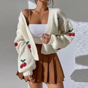 Sıcak satış moda boy kazak yüksek kaliteli kiraz nakış fener kol Duster kadınlar için hırka kazak