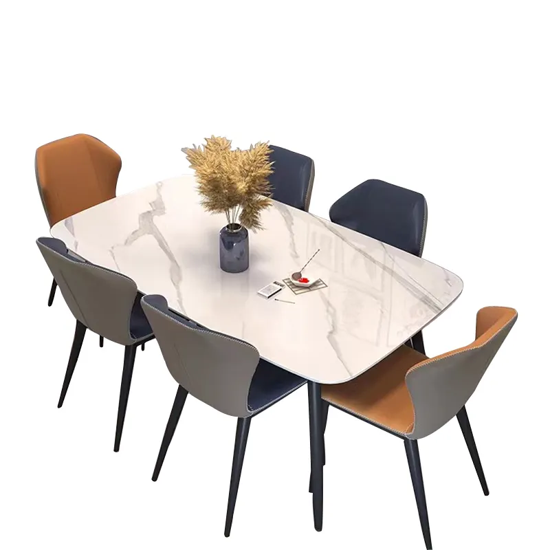 Italian modern simple carbon steel marble slab rectangular 4 6 8 seats dining room furniture table luxury leather chairs set