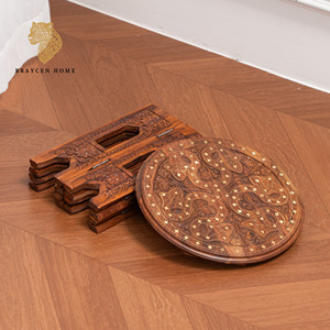 Tavolino Pieghevole in Legno Massello Intagliato a Mano, Tavolino Rotondo Staccabile Stile Boho per Soggiorno, Balcone, Patio - Product Image 5